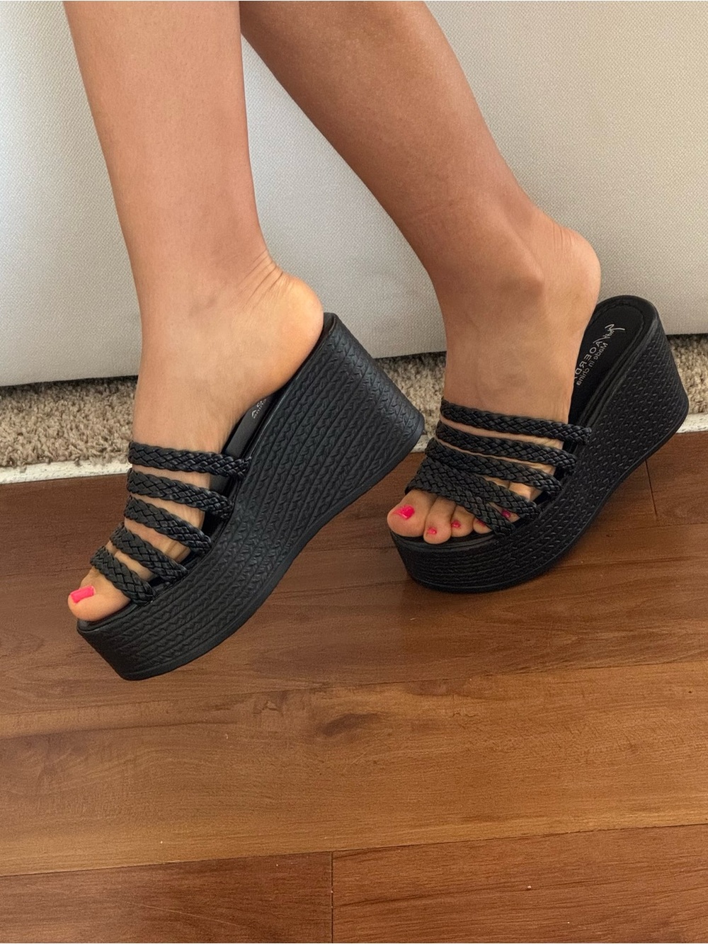 NWOT Braided Strap Black Platform Wedge Sandals